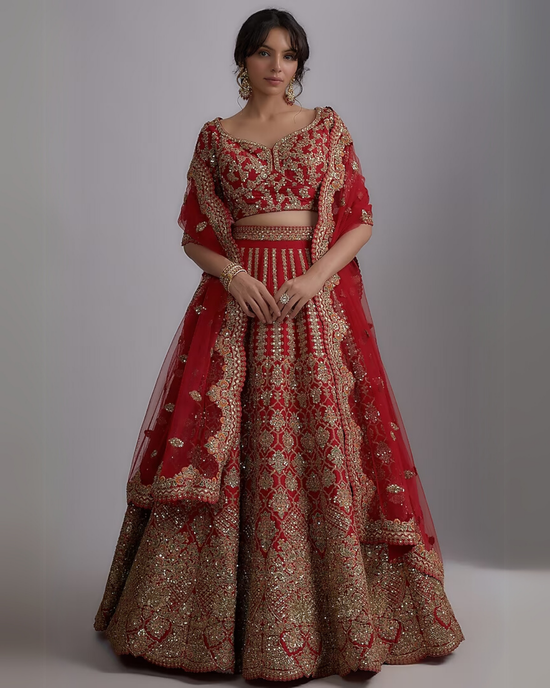 Red Pure Raw Silk Embroidered Lehenga Set