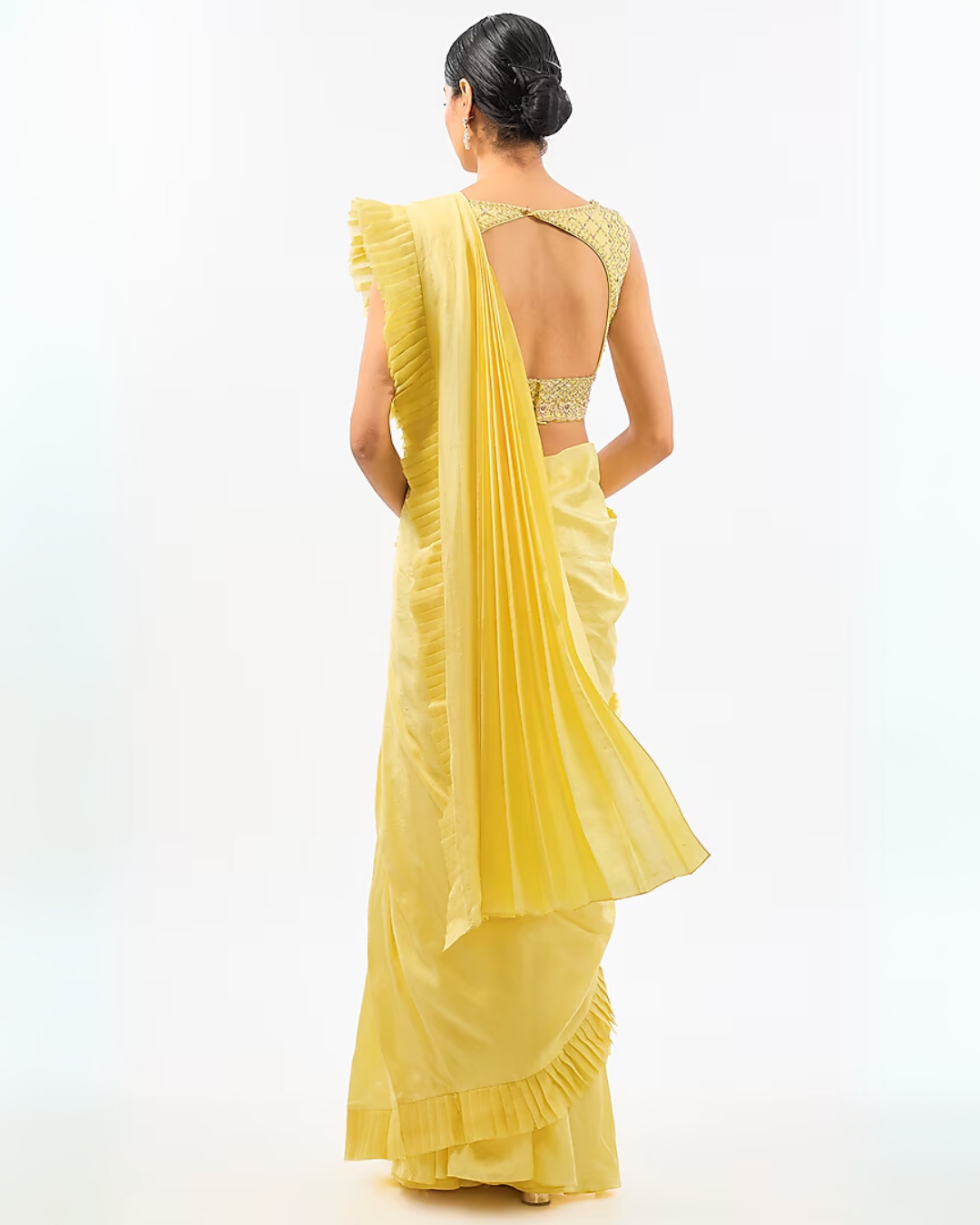 LEMON YELLOW EMBROIDED DRAPE SAREE