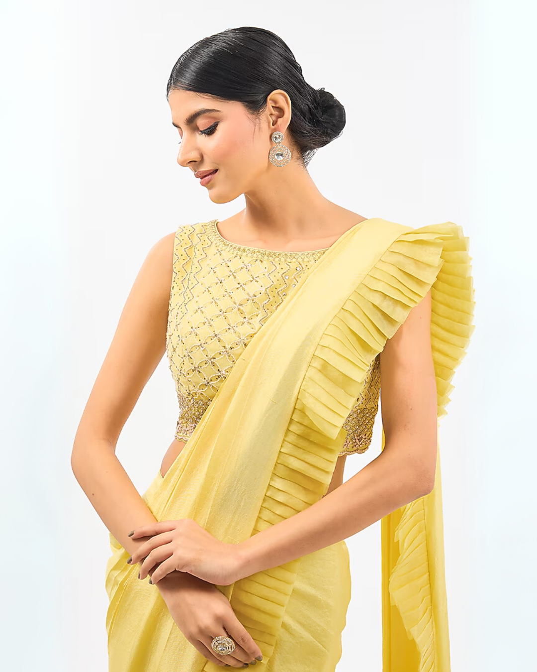 LEMON YELLOW EMBROIDED DRAPE SAREE