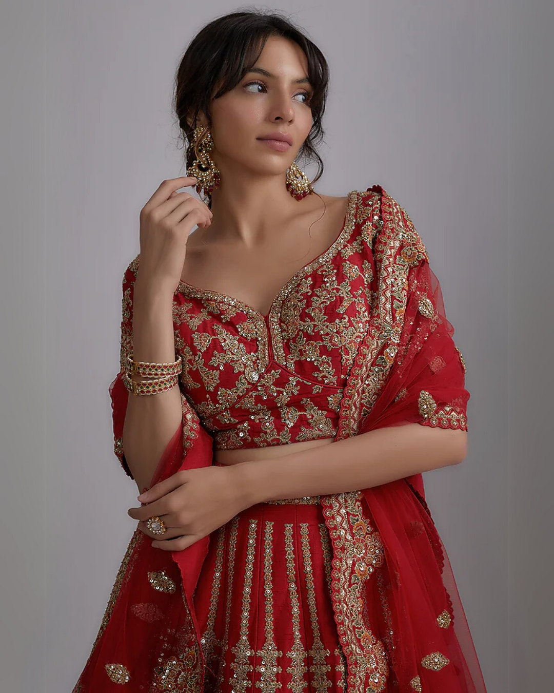 Red Pure Raw Silk Embroidered Lehenga Set
