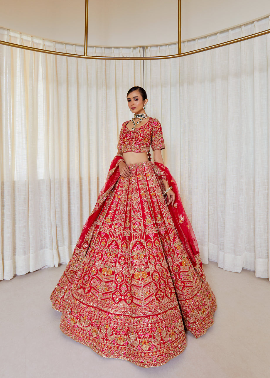 Scarlet Dusk Raw Silk Zardosi Bridal Lehenga Set