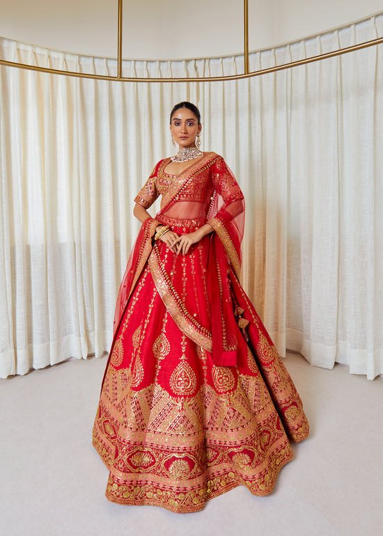 Red Jewel Raw Silk Zardosi Bridal Lehenga Set
