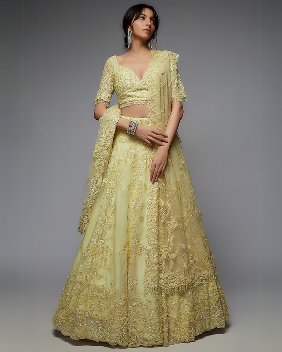 Yellow Organza Embroidered Lehenga Set