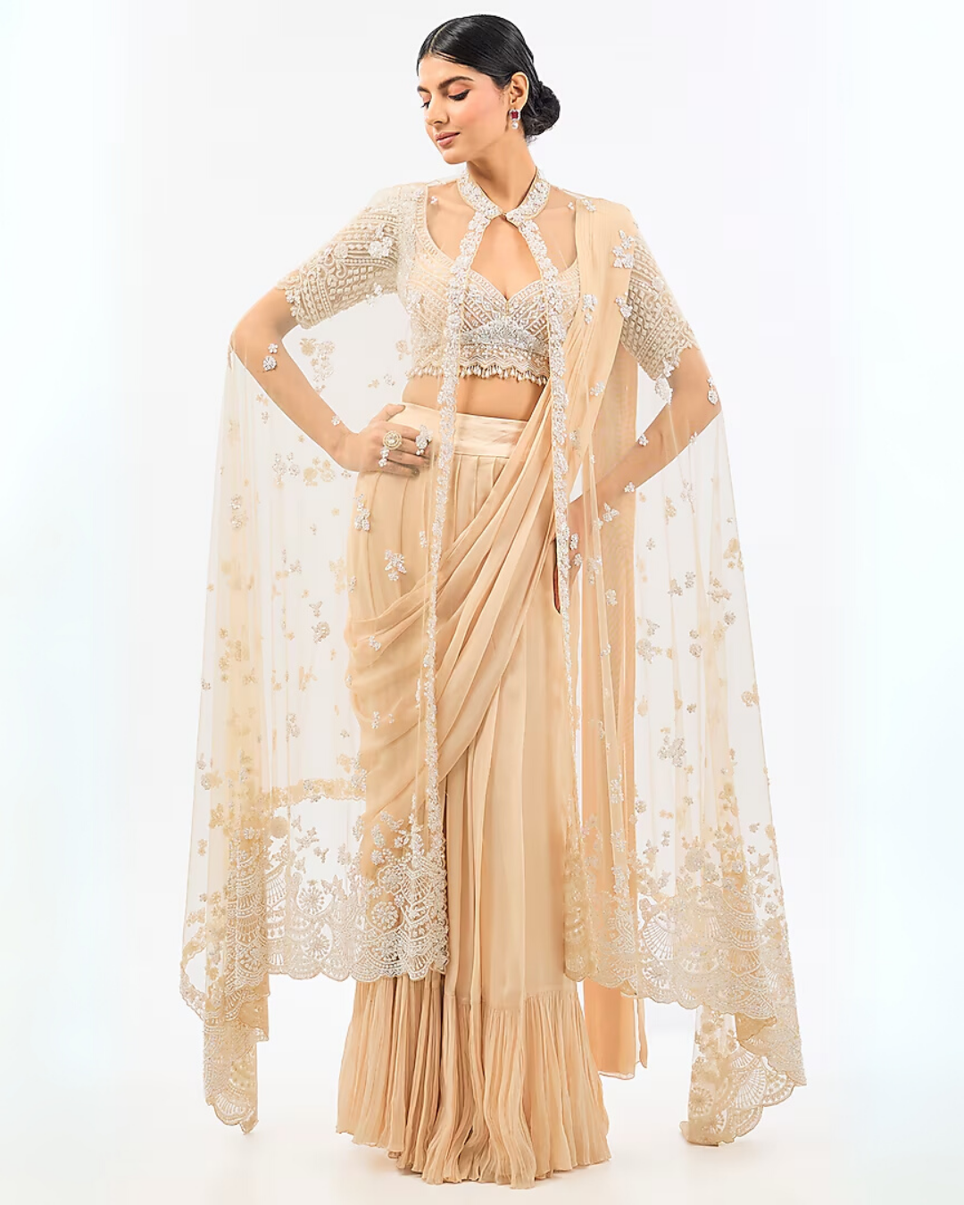BEIGE DRAPE SAREE WITH EMBROIDED CAPE
