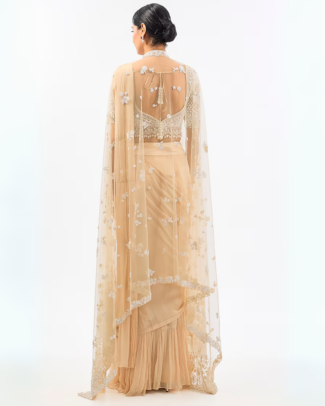 BEIGE DRAPE SAREE WITH EMBROIDED CAPE