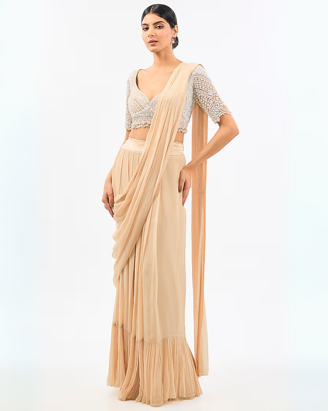 BEIGE DRAPE SAREE WITH EMBROIDED CAPE