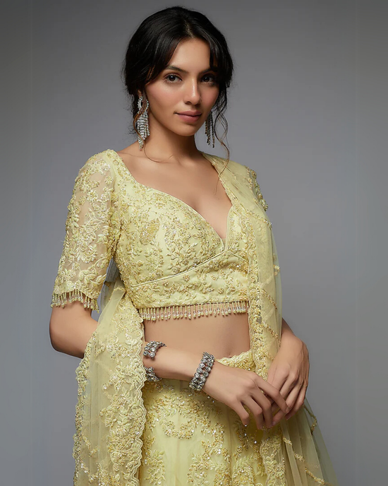 Yellow Organza Embroidered Lehenga Set