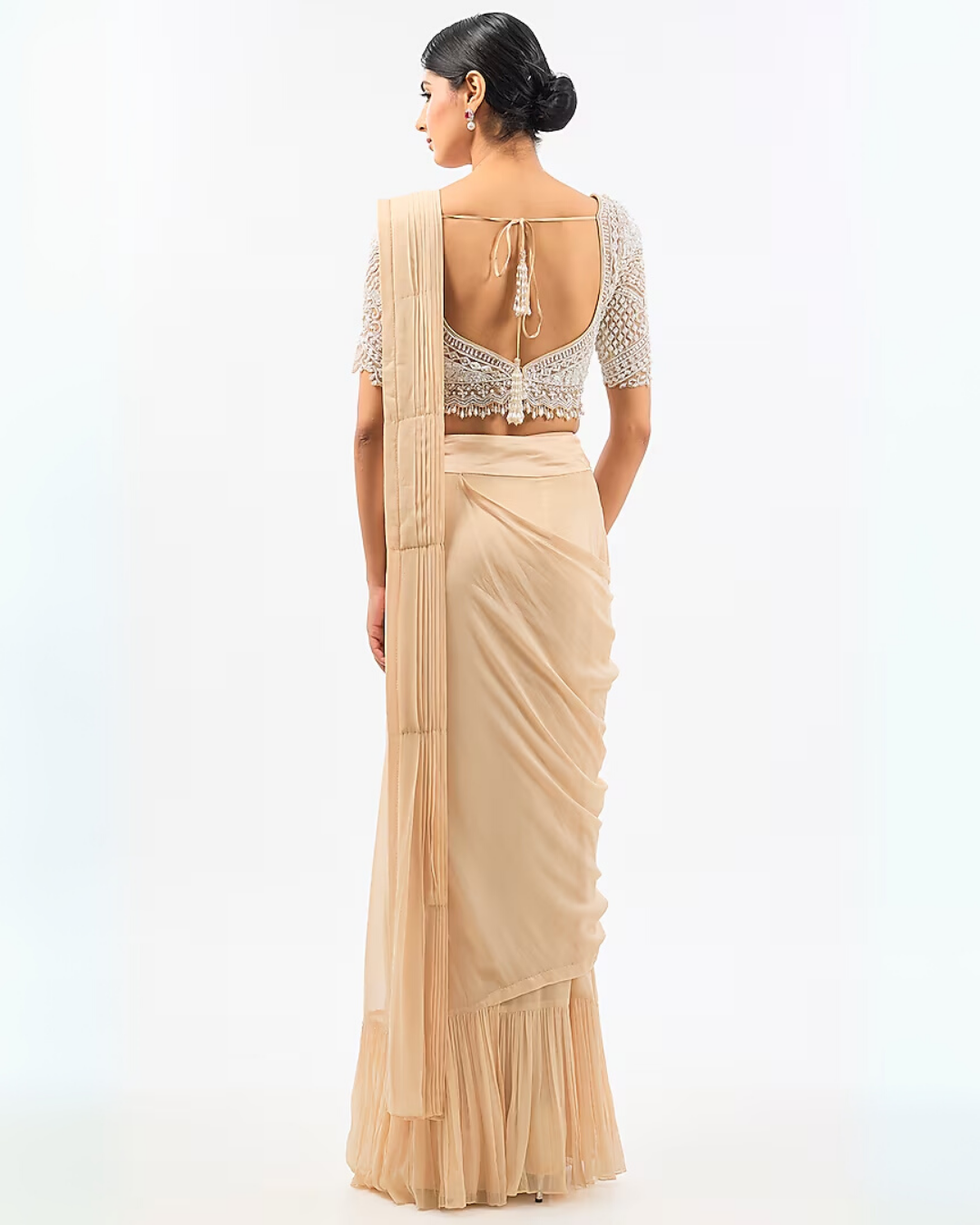 BEIGE DRAPE SAREE WITH EMBROIDED CAPE