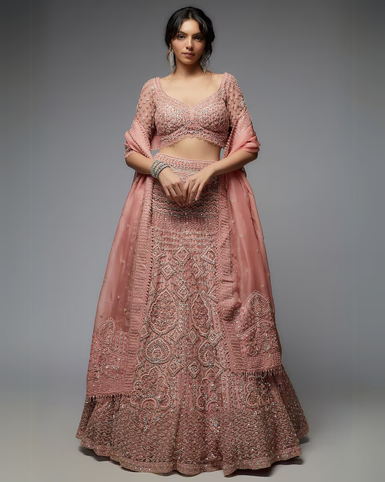 Dusty Pink Organza Embroidered Lehenga Set