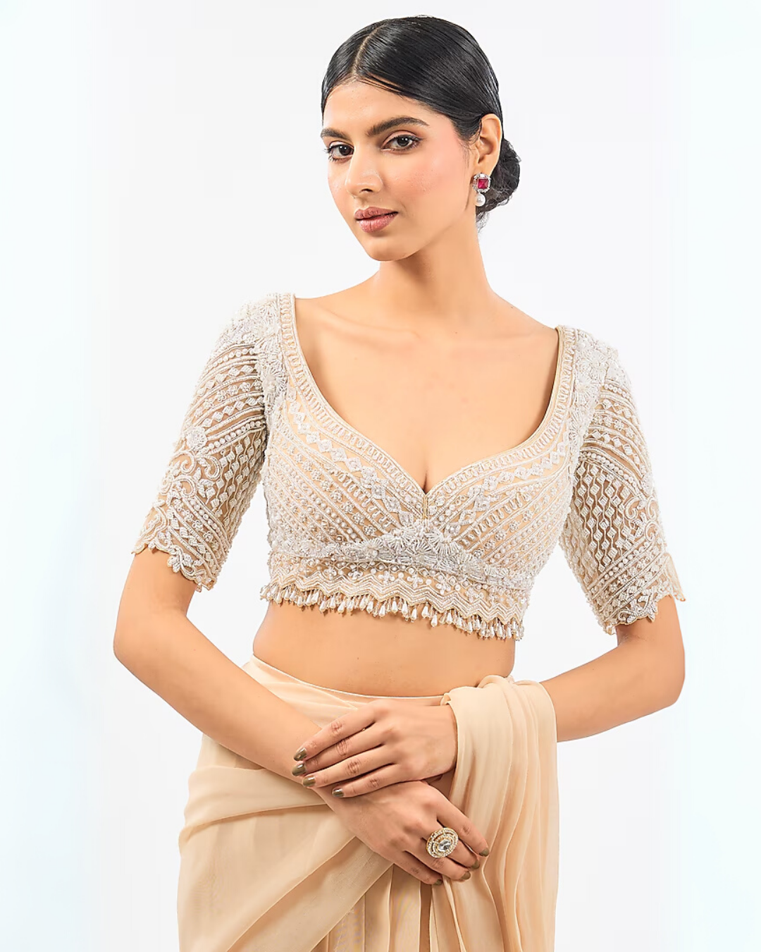 BEIGE DRAPE SAREE WITH EMBROIDED CAPE