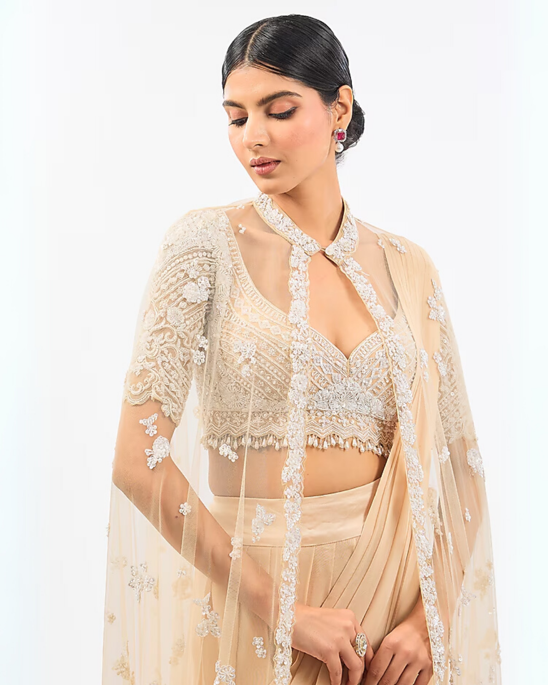 BEIGE DRAPE SAREE WITH EMBROIDED CAPE