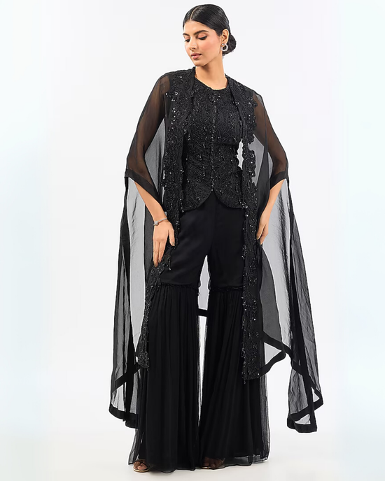 BLACK EMBROIDED WAISTCOAT GHARARA SET