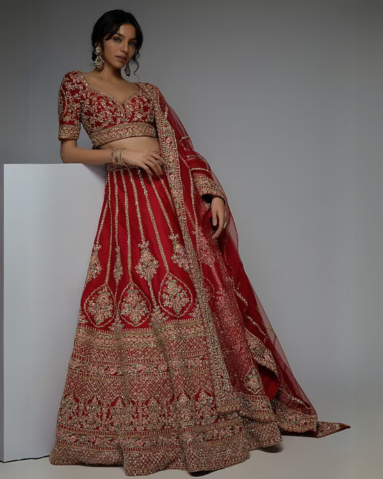 Red Pure Raw Silk Embroidered Lehenga Set
