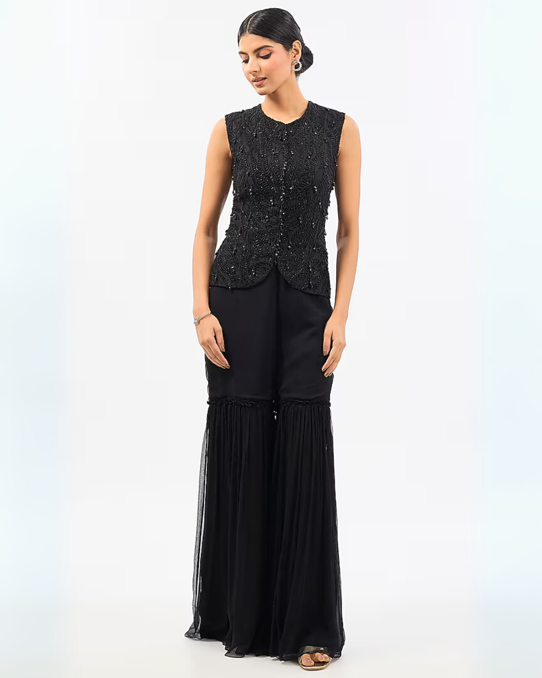 BLACK EMBROIDED WAISTCOAT GHARARA SET