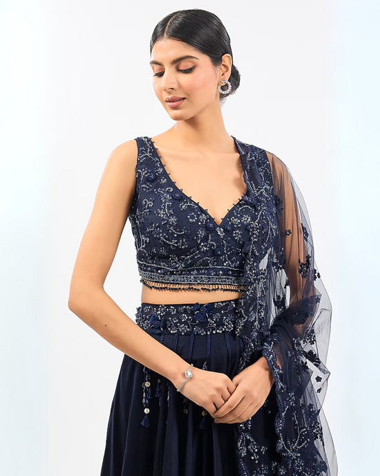 INK BLUE EMBROIDED SKIRT DUPATTA SET