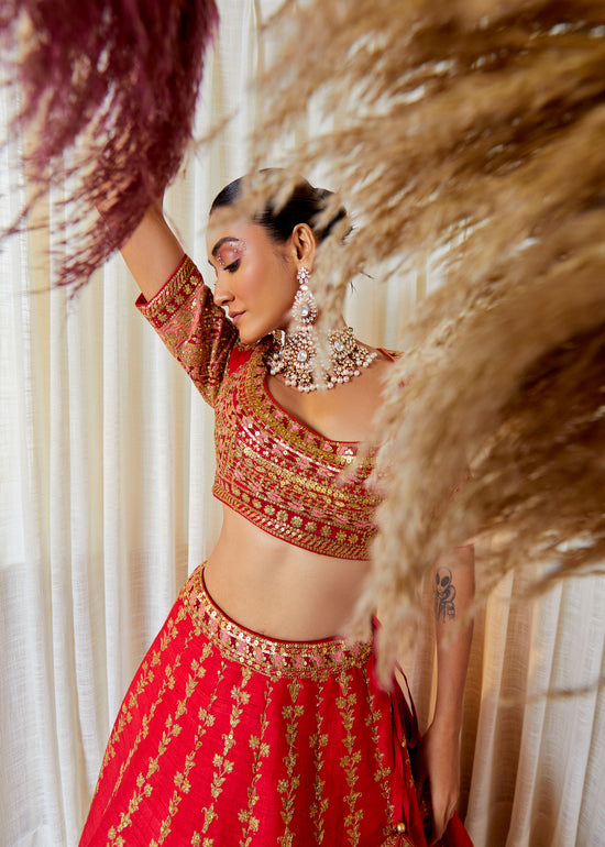 Red Jewel Raw Silk Zardosi Bridal Lehenga Set