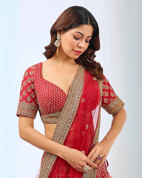 Crimson Allure Raw Silk Zardosi Bridal Lehenga Set