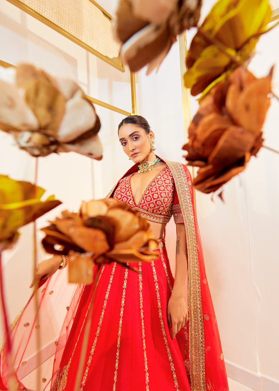 Carmine Charm Raw Silk Zardosi Bridal Lehenga Set