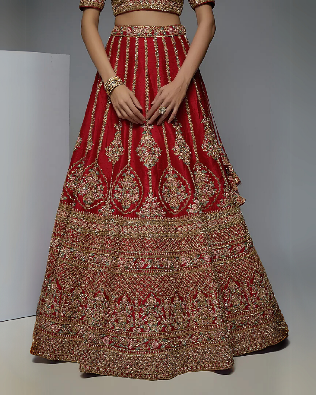 Red Pure Raw Silk Embroidered Lehenga Set