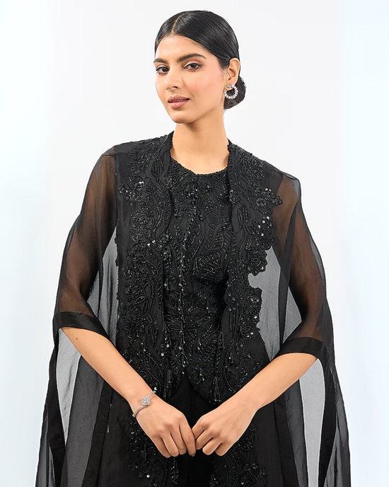 BLACK EMBROIDED WAISTCOAT GHARARA SET