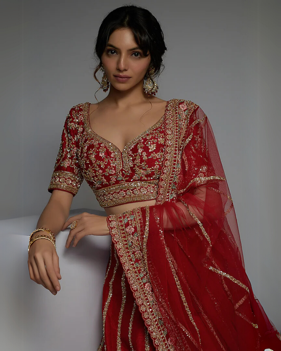 Red Pure Raw Silk Embroidered Lehenga Set