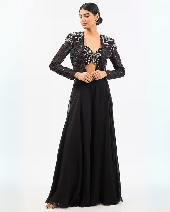 BLACK SHORT EMBROIDED JACKET SHARARA SET