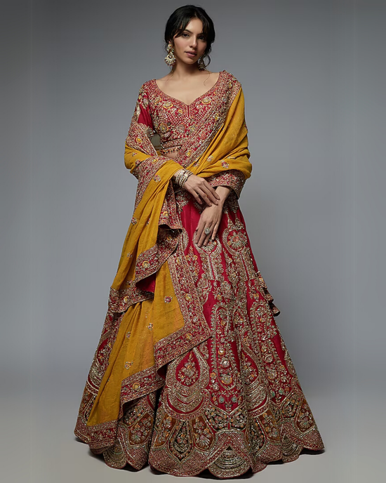 Red Pure Raw Silk Embroidered Lehenga Set