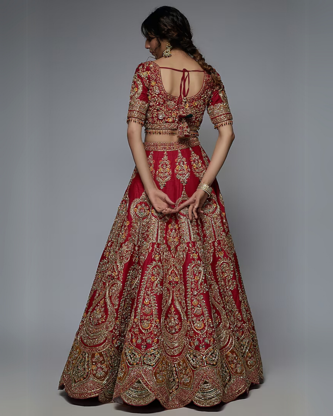 Red Pure Raw Silk Embroidered Lehenga Set