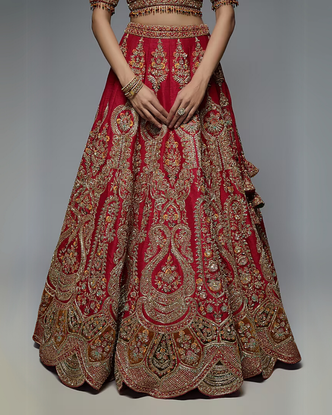 Red Pure Raw Silk Embroidered Lehenga Set