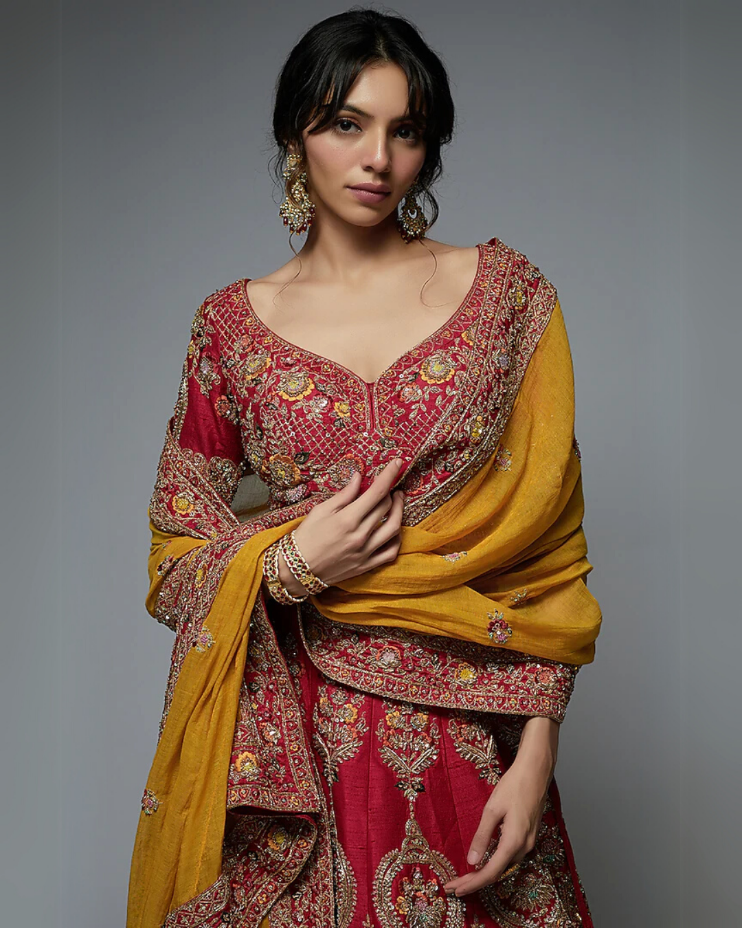 Red Pure Raw Silk Embroidered Lehenga Set