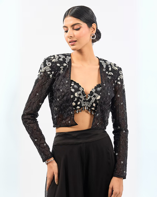 BLACK SHORT EMBROIDED JACKET SHARARA SET