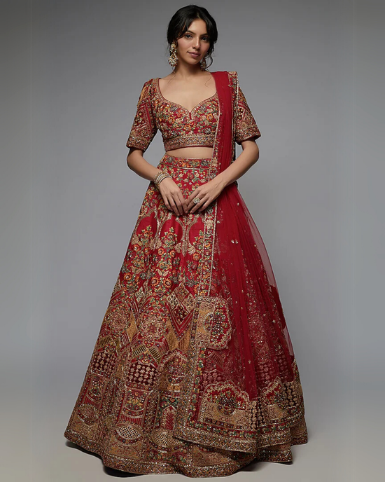 Red Pure Raw Silk Embroidered Lehenga Set