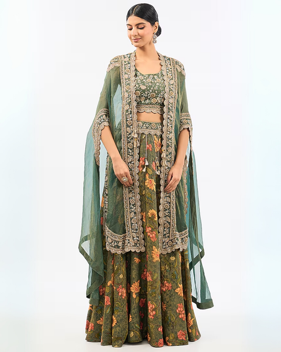 GREEN CHANDERI PRINTED SKIRT SET