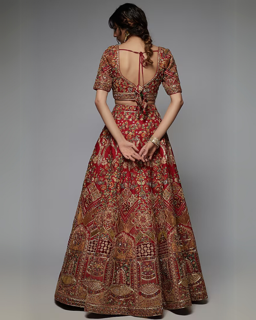 Red Pure Raw Silk Embroidered Lehenga Set