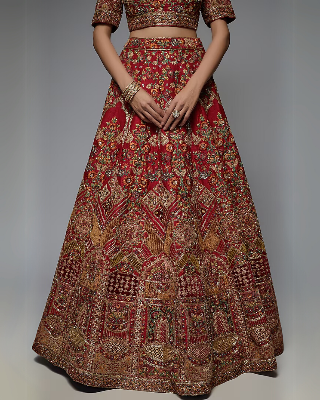 Red Pure Raw Silk Embroidered Lehenga Set