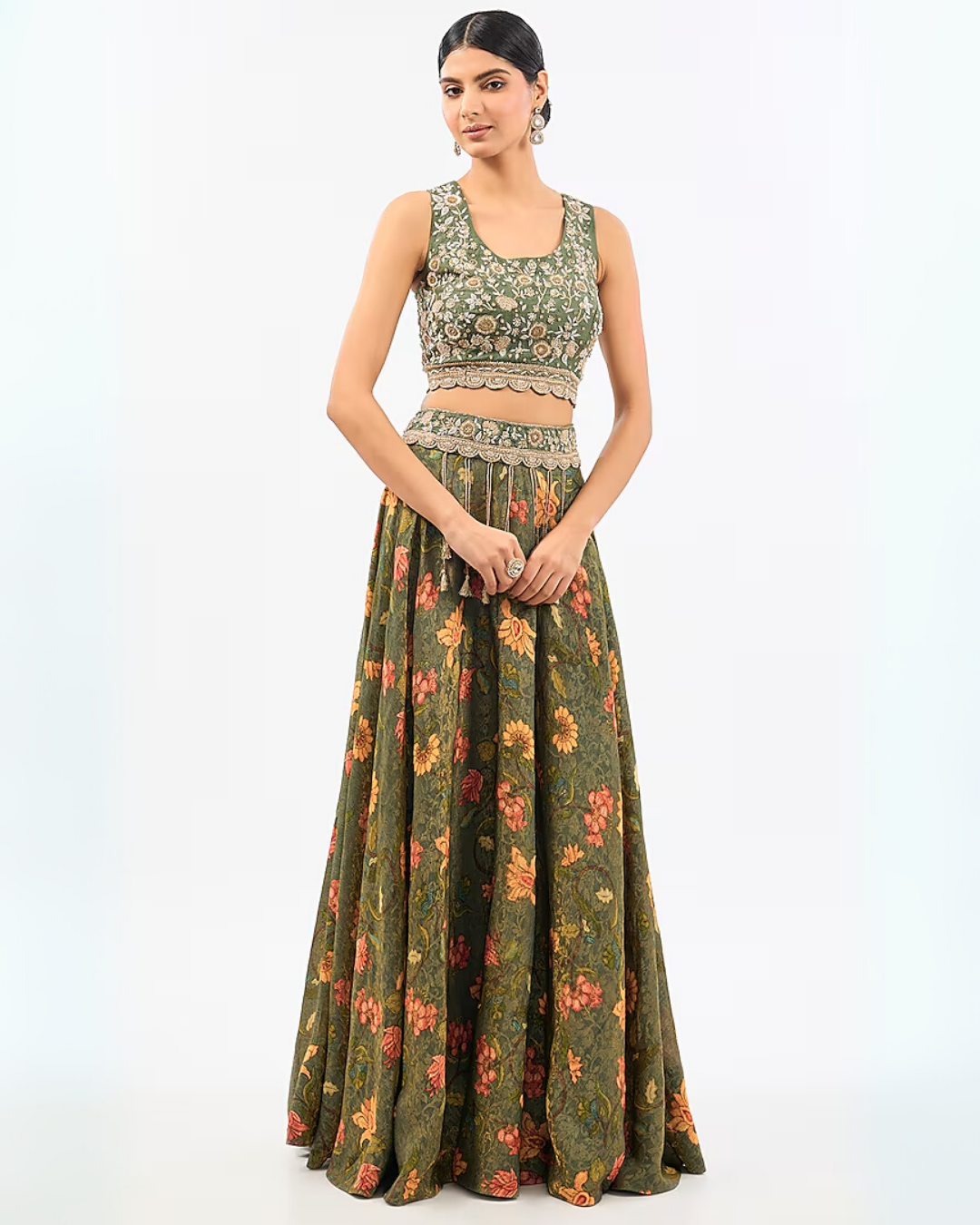 GREEN CHANDERI PRINTED SKIRT SET