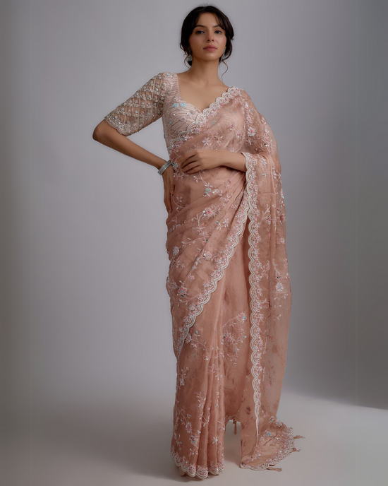 Pink Organza Hand Embroidered Saree