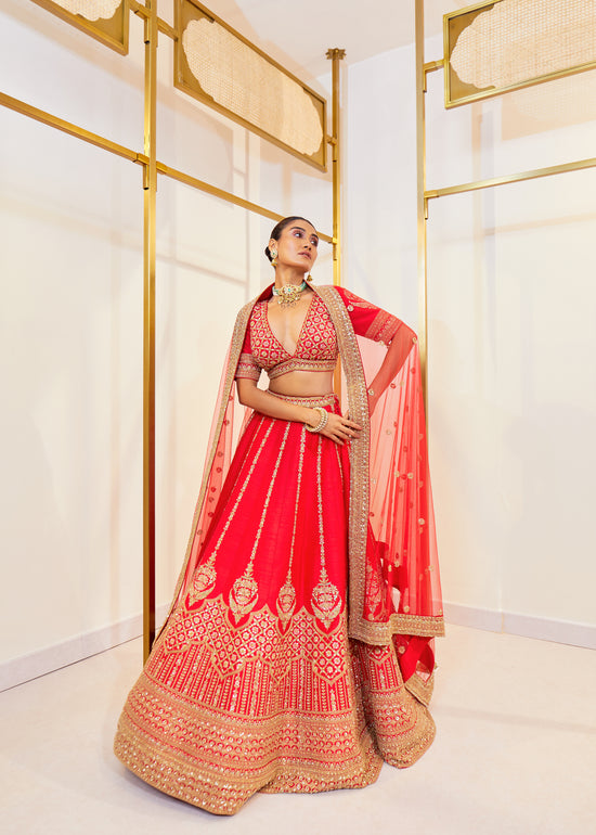 Carmine Charm Raw Silk Zardosi Bridal Lehenga Set