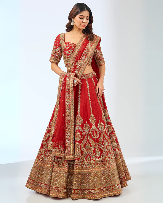 Ruby Jewel Raw Silk Zardosi Bridal Lehenga Set