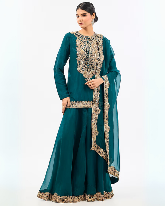 GREEN EMBROIDED KURTA SHARARA SET