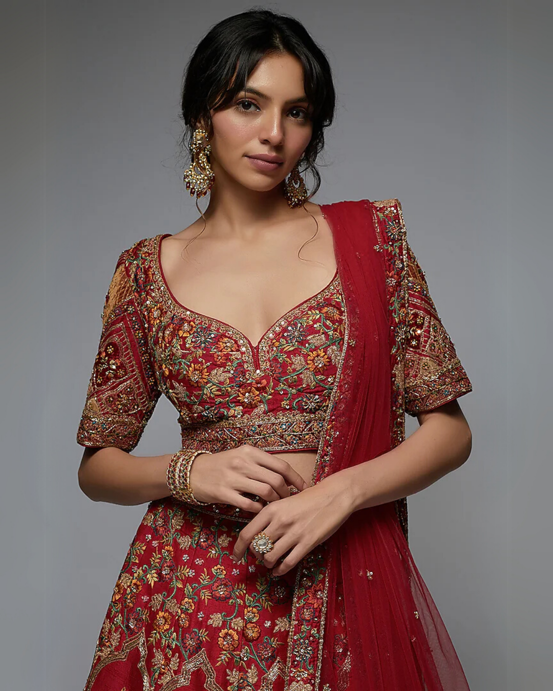 Red Pure Raw Silk Embroidered Lehenga Set