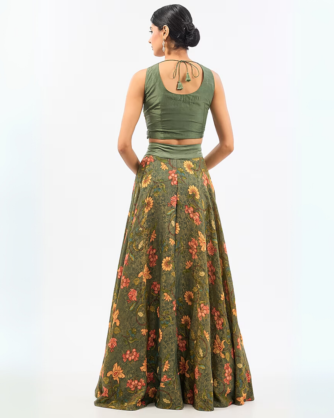 GREEN CHANDERI PRINTED SKIRT SET