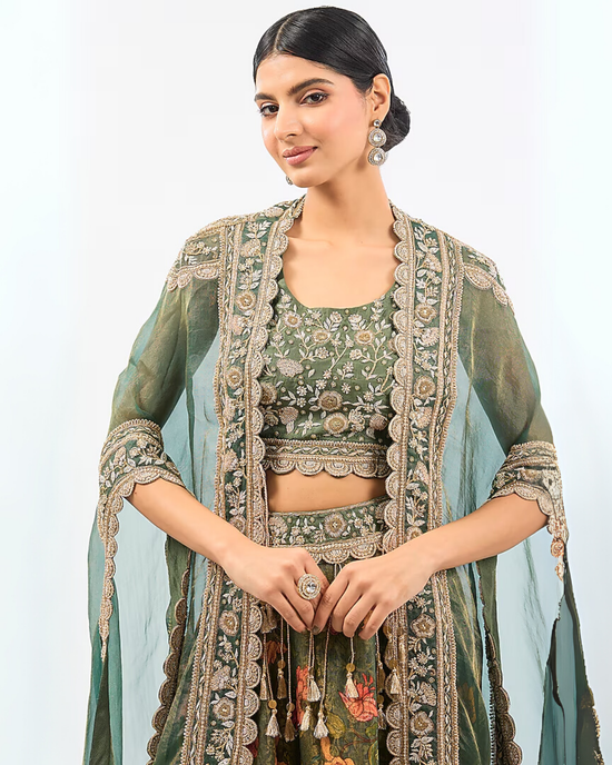 GREEN CHANDERI PRINTED SKIRT SET