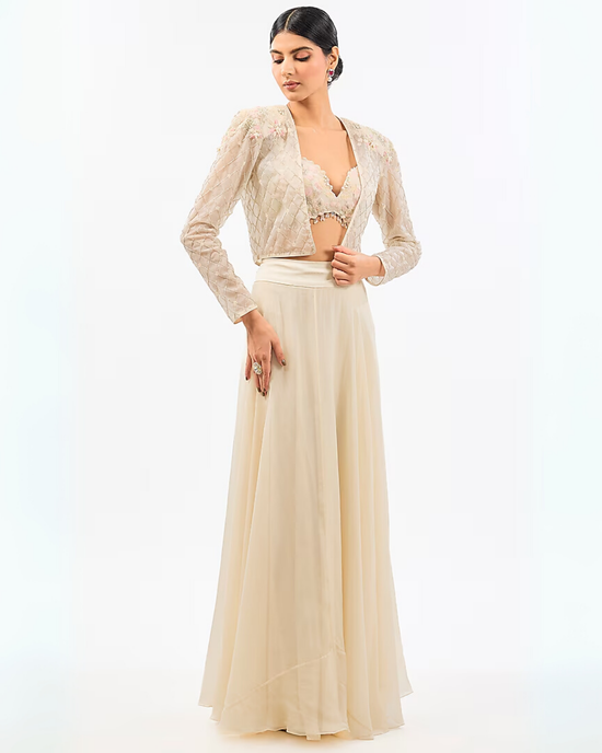 IVORY SHORT EMBROIDED JACKET SHARARA SET