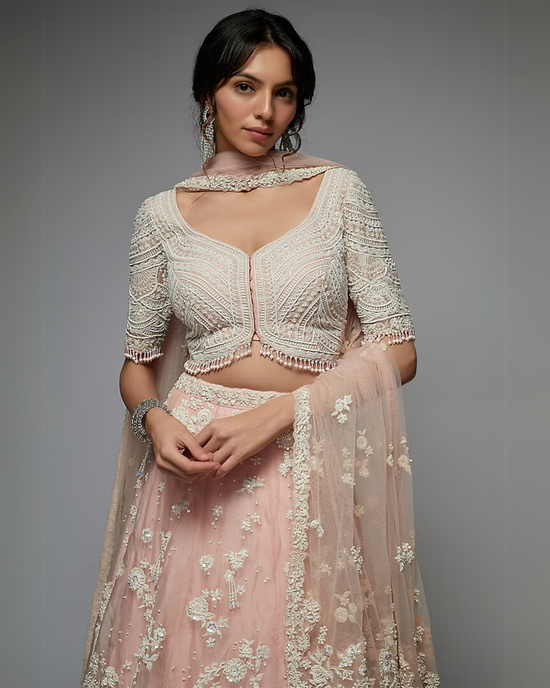 Pink Organza Embellished Lehenga Set