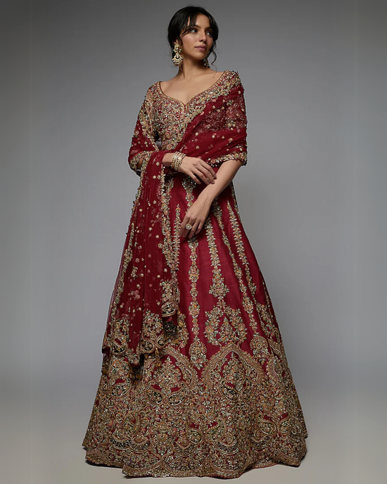 Red Pure Raw Silk Embroidered Lehenga Set