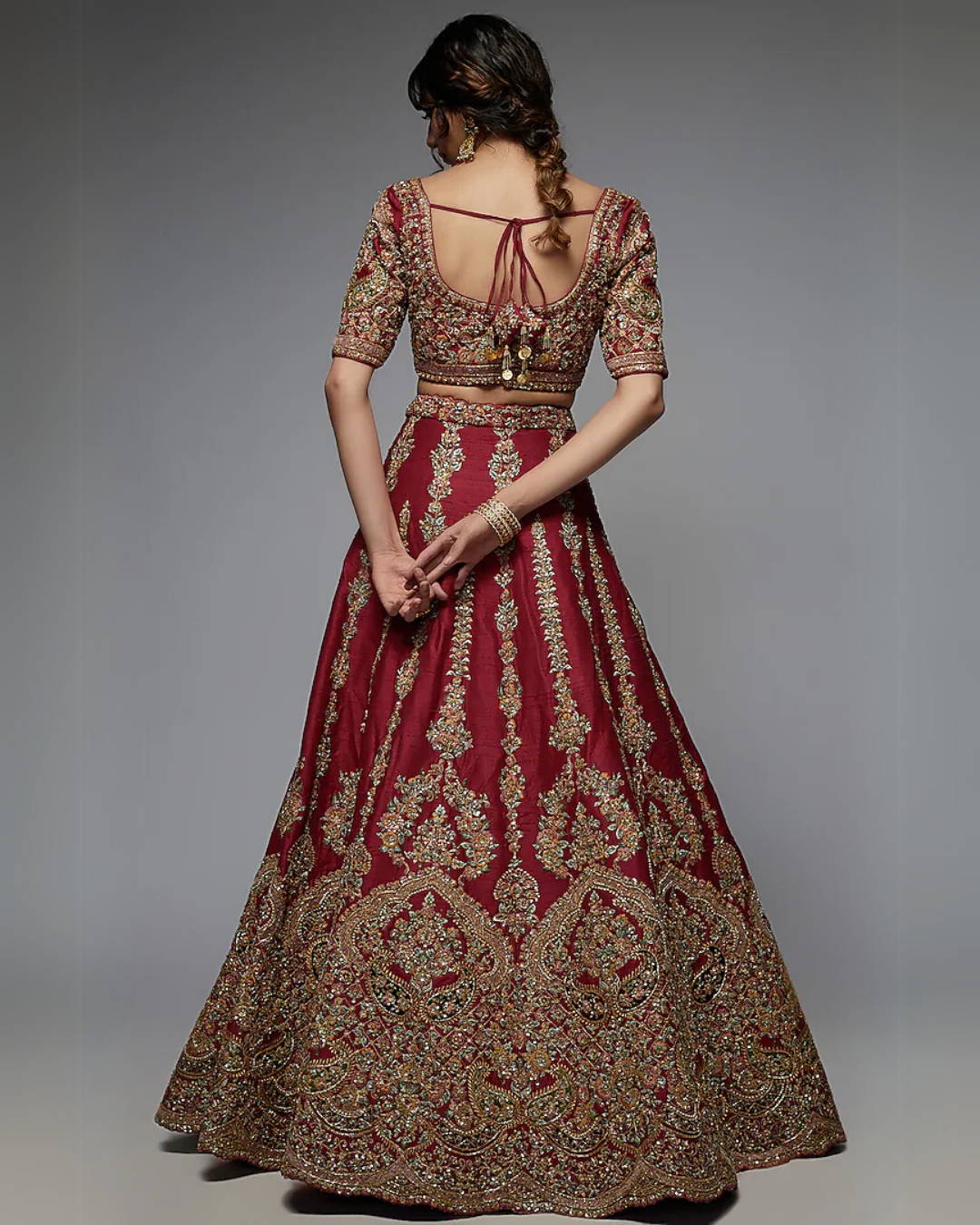 Red Pure Raw Silk Embroidered Lehenga Set