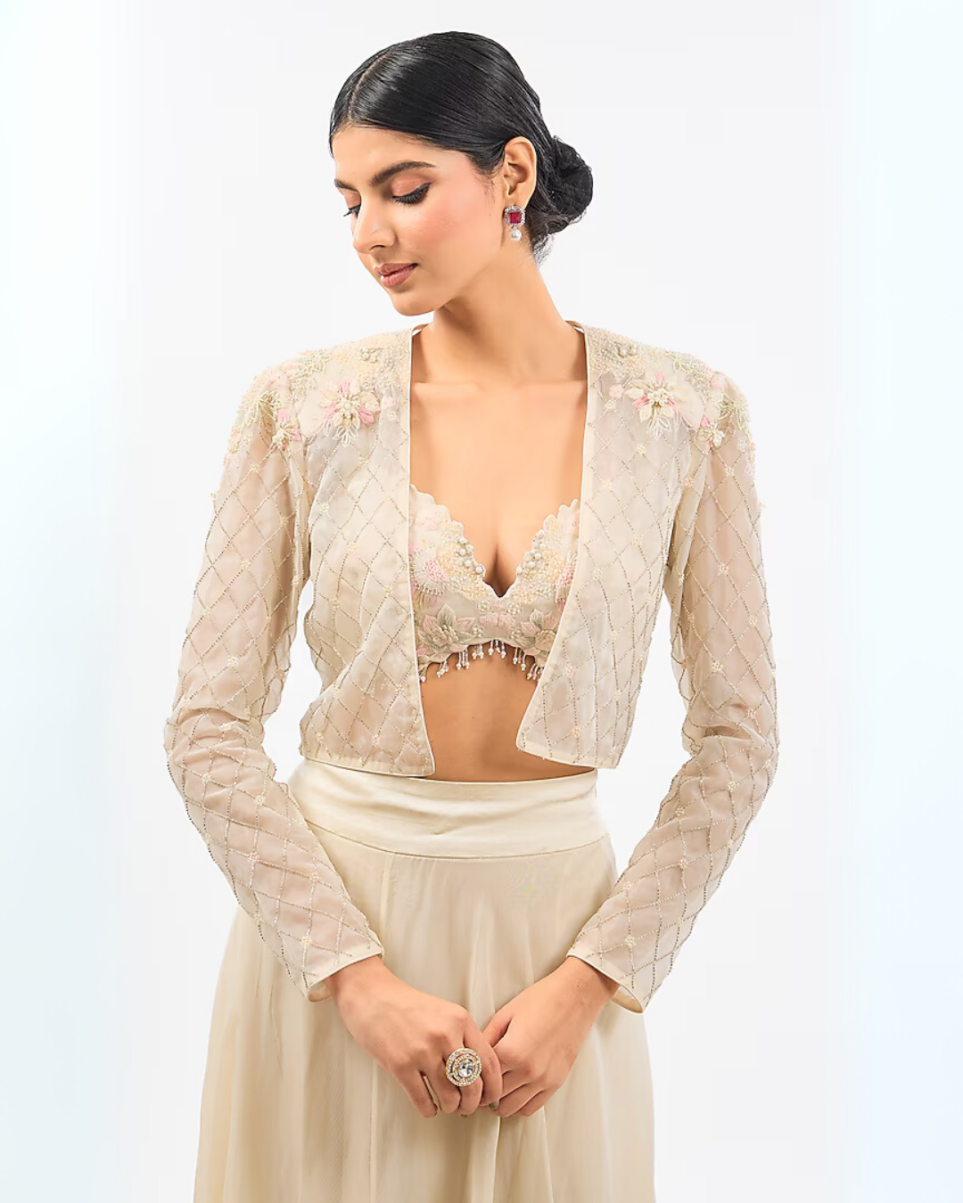 IVORY SHORT EMBROIDED JACKET SHARARA SET