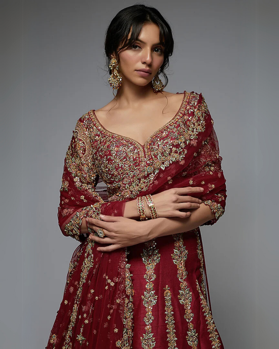 Red Pure Raw Silk Embroidered Lehenga Set