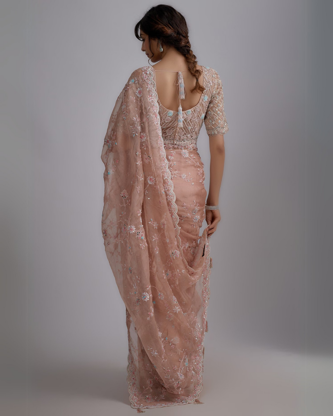 Pink Organza Hand Embroidered Saree